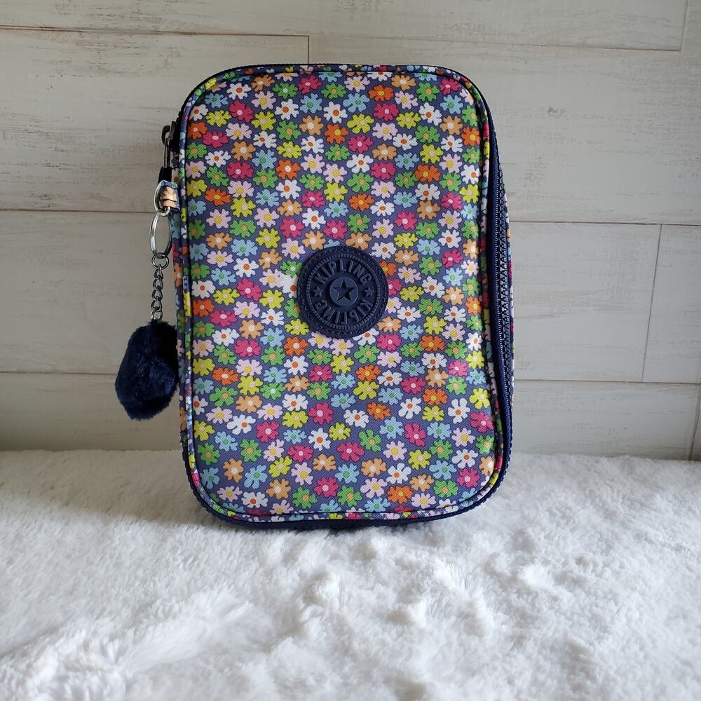 Kipling Multicolor Daisy Pencil Case with Navy Trim